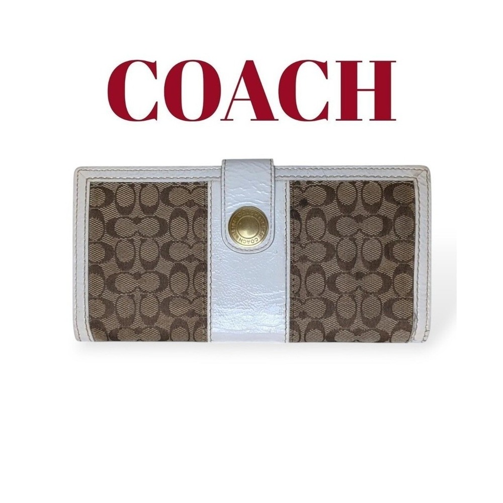Coach Signature Wallet Mini C Jacquard Canvas Patent Leather Trifold Khaki Ivory